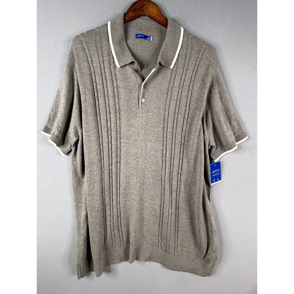 Apt. 9 Sweater Polo Mens XXL Taupe Brown Short Sleeve Cable Knit SOFT Preppy NEW